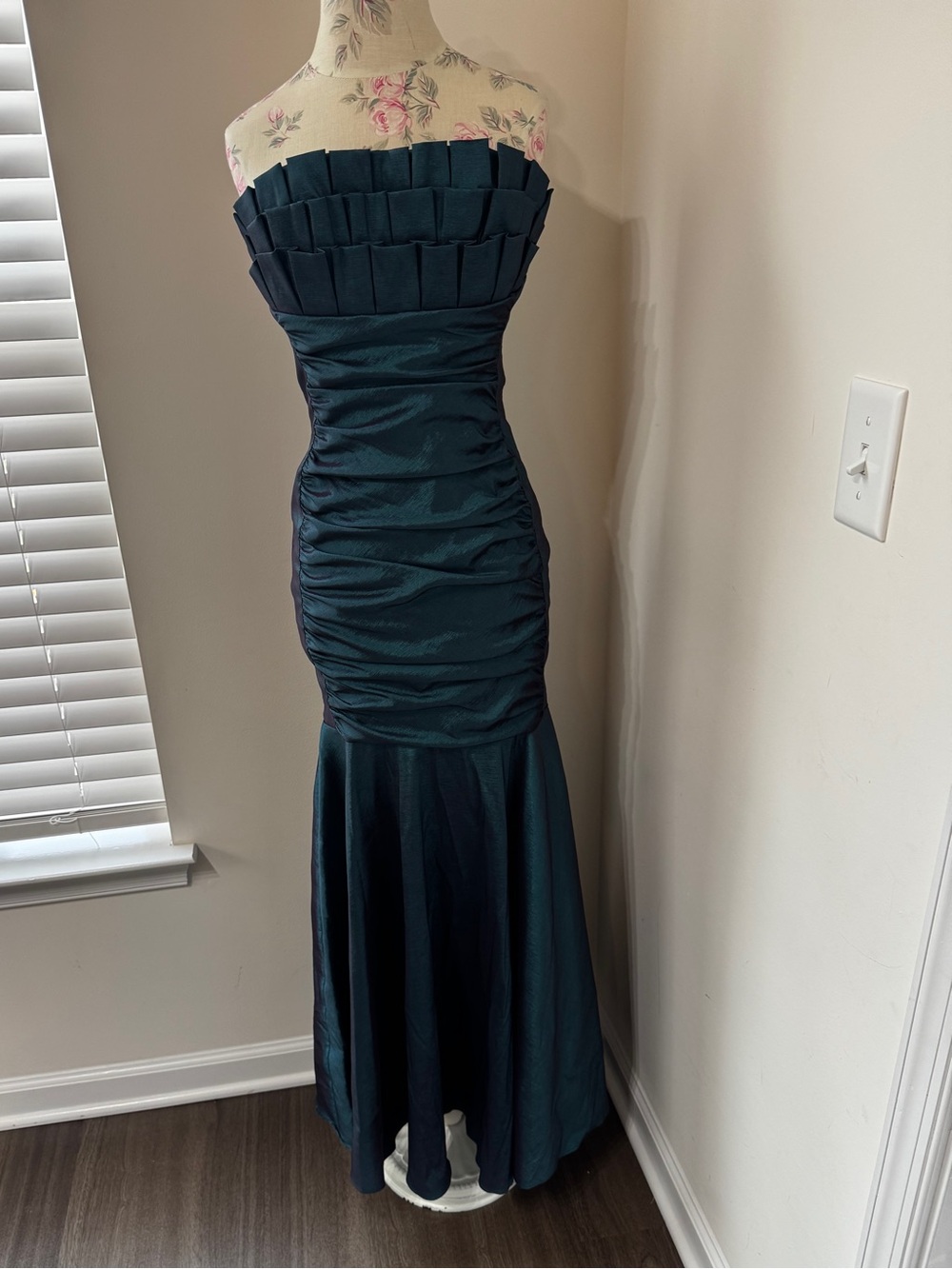 Xscape Strapless Pleated Bodice Ruched Mermaid Gown in Teal - Picture 3 of 16